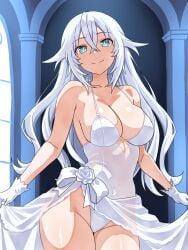 black_heart blue_eyes breasts cleavage goddess light_skin looking_at_viewer neptunia_(series) noire panties skirt_lift smile solo wedding_dress white_hair zatsu