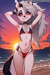 adjusting_hair ai_generated animal_ears arms_behind_head arms_up beach big_tail bikini bikini_top breasts breasts breathtaker furry furry_female grey_fur grey_hair hands_behind_head helluva_boss hi_res legs_together loona_(helluva_boss) necklace red_eyes sand sea seashore seaside small_breasts small_tits standing tail teeth thong white_fur