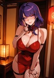 ai_generated etunazai female genshin_impact purple_eyes purple_hair raiden_shogun red_dress