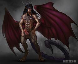 demon demon_ears demon_wings full_body horns humanoid incubus inkydemon knot male male_only manticore manticore_humanoid membranous_wings middle_eastern_mythology mythology penis persian_mythology pointy_ears red_wings scorpion scorpion_tail shoulder_spikes solo spread_wings wings