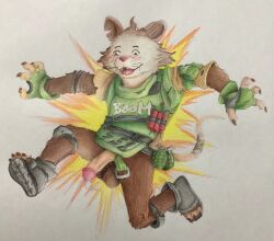 american_opossum anthro balls blush bodily_fluids bug_eater clothed clothing epic_games explosion fortnite fur genital_fluids genitals hair hi_res humanoid_genitalia male mammal marsupial nude penis simple_background skillet_(fortnite) smile solo tail teeth traditional_media_(artwork)