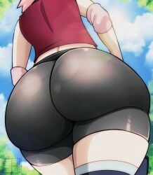 1girls ass ass_focus big_ass big_butt black_shorts bottom_heavy butt dumptruck_ass dumptruck_butt fat_ass fat_butt female female_only huge_ass huge_butt large_ass large_butt naruto naruto_(series) pink_hair sakura_haruno spandex thick thick_ass thick_butt tight_clothing unknown_artist