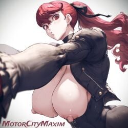 1girls ai_generated areola areolae arms_up atlus blush breasts breasts_out coat female female_focus gloves kasumi_yoshizawa looking_at_viewer motorcitymaxim nipples partially_clothed persona persona_5 persona_5_royal phantom_thief_suit ponytail posing red_eyes red_gloves red_hair sega solo solo_female solo_focus sumire_yoshizawa