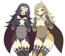 black_eyes black_hair blonde_hair blush cape circlet daughter elbow_gloves female fire_emblem fire_emblem_fates gloves hair_ornament large_breast long_hair mother mother_and_daughter nyx_(fire_emblem) ophelia_(fire_emblem) red_eyes small_breasts smile solo tattoo thighhighs