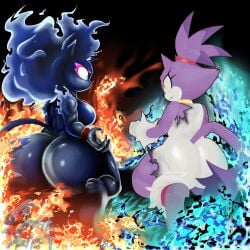 2girls angry anthro black_body blaze_the_cat blue_fire burn burnt_clothes cat_ears cat_tail catgirl collaboration fiery_hair fire furry_only looking_at_another mobian_(species) princess proto_blaze purple_body snowyblue sonic_(series) sonic_the_hedgehog_(series) theonehornedimp