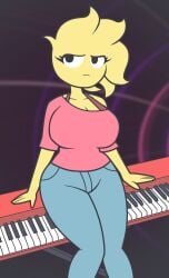 aplovestudio arrogant breasts chordioid clothed female huge_breasts keyboard looking_at_viewer sam_(chordioid) sitting yellow_body yellow_hair
