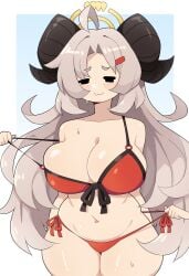 1girls :3 big_breasts bikini bikini_pull blue_archive curved_horns female female_focus hi_res horns izumi_(blue_archive) izumi_(swimsuit)_(blue_archive) j5daigada long_hair red_bikini side-tie_bikini smug thick_thighs white_hair