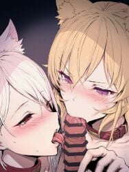 1boy 2girls :>= blonde_hair blush cat_ears catgirl censor_bar censored collarbone cousins eyebrows_visible_through_hair fellatio gradient_background hair_between_eyes haoni hi_res leash licking long_hair nakiri_alice nakiri_erina nude open_mouth penis pov purple_eyes red_eyes saliva shokugeki_no_souma short_hair sidelocks simple_background straight sweat teeth tongue tongue_out white_hair