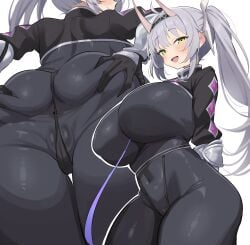 absurdres anus anus_peek ass back black_bodysuit blush bodysuit breasts cameltoe female grabbing_own_ass green_eyes grey_hair hands_on_own_ass highres horns hoshikuma_douji houchi_shoujo huge_breasts ichi-jirushi indie_virtual_youtuber long_hair looking_at_viewer multiple_views oni open_mouth rimuchi_(vtuber) side_ponytail skin-covered_horns skin_tight smile solo thick_thighs thighs vambraces virtual_youtuber wide_hips