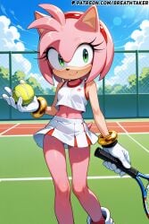 ai_generated amy_rose breathtaker furry furry_female green_eyes hi_res outdoors pink_fur skirt small_breasts small_tits sonic_(series) sonic_the_hedgehog_(series) sports_bra tennis_ball tennis_court tennis_outfit tennis_racket tennis_skirt tennis_uniform visor visor_cap