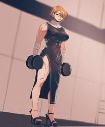 abs arm_wrap bell_(spoiledmuffin) biceps blonde_hair blush breasts closed_eyes collar cross cross_necklace dress dumbbell female hair_over_eyes hair_over_one_eye high_heels highres jewelry large_breasts muscular muscular_female necklace nun original pelvic_curtain simple_background skin_tight solo spoiledmuffin standing thick_thighs thighs white_background