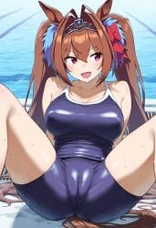 ai_generated animal_ears breasts daiwa_scarlet_(umamusume) female hips horse_girl pool pussy pussy_visible_through_swimsuit red_eyes ribbon_in_hair school_swimsuit spread_legs tiara twintails umamusume umamusume_pretty_derby