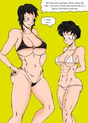 2girls bikini black_hair breasts color_edit colored colored_sketch coloring_page colorshun dragon_ball dragon_ball_z female female/female large_breasts medium_breasts miguel_(dragon_ball_z) muscular muscular_female thewritefiction videl yuri