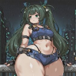 ai_generated android balcony big_ass city crop_top fingerless_gloves fit fit_female green_eyes green_hair hoyoverse long_hair looking_away night pixel_art pixelated police police_uniform qingyi_(zenless_zone_zero) robot saiyunnart searching sitting small_breasts small_waist thick_ass thick_thighs thighs thong wide_hips zenless_zone_zero