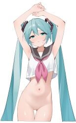 1girls armpits arms_up ass_visible_through_thighs belly_button blue_eyes blue_hair blush bottomless hatsune_miku looking_at_viewer navel nervous no_panties rakugaki_nye solo sweat thigh_gap topwear_only vocaloid