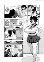 1boy1girl arguing black_hair boner english_text huge_breasts manga manga_page manga_style precum school_uniform text_bubble