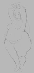 1girls arms_up bbw big_breasts dialogue female female_only frieren huge_ass isxues nude overweight overweight_female pubic_stubble sketch solo solo_female sousou_no_frieren standing stubble text weight_gain wide_hips