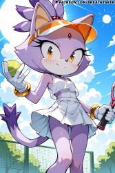 ai_generated blaze_the_cat breathtaker furry furry_female hi_res outdoors purple_fur skirt small_breasts small_tits sonic_(series) sonic_the_hedgehog_(series) sports_bra tennis_ball tennis_court tennis_outfit tennis_racket tennis_skirt tennis_uniform visor visor_cap yellow_eyes