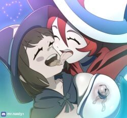 2d 2d_(artwork) 2girls akko_kagari big_breast breast breast_press brown_hair chariot_du_nord closed_eyes commission female/female french_kiss french_kissing kissing lesbian_kiss little_witch_academia making_out mr.nasty nipple_bulge nipples_visible_through_clothing red_hair saliva tongue tongue_kiss tongue_on_tongue