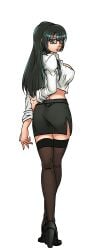 brown_eyes dark_hair game glasses green_hair harem_heroes heels kasumi_(doa) office_lady official_art pantyhose parody presenting shirt stockings