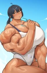 ahoge black_hair cleavage dark-skinned_female huge_muscles large_breasts melting musctonk muscular_female one-piece_swimsuit popsicle popsicle_melting sweat swimsuit tan_skin yellow_eyes