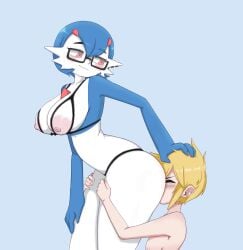 blonde_hair blush cunnilingus eating_pussy gardevoir glasses hiivenn_(artist) large_breasts lingerie looking_back paz_gardenia pokemon pokemon_(species) red_eyes shiny_pokemon