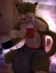 1boy anthro balls beverage big_balls bulge clothing coffee domestic_cat felid feline felis fur hair huge_balls huge_bulge hyper hyper_balls hyper_bulge hyper_penis male male_only mammal open_mouth penis solo underwear vodcat waking_up yaoi