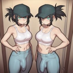 2futas ai_generated crop_top futa_only futanari jeans large_penis navel outline penis_outline twins vgguy