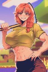 abs alex_(minecraft) black_pants breasts cloud crop_top female green_shirt hand_on_own_hip highres holding holding_pickaxe large_breasts long_hair looking_at_viewer minecraft muscular muscular_female on_shoulder orange_hair outdoors pants pickaxe pixel_art red_eyes shirt sky smile solo spoiledmuffin standing tank_top tree water