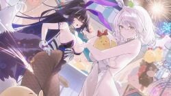 2girls animal_ears azur_lane big_breasts black_hair breasts bunnysuit cleavage fake_animal_ears female fishnets fluffy_ears game hair_ornament holding_breast huge_breasts kitsune leotard light-skinned_female long_hair looking_at_viewer manjuu_(azur_lane) musashi_(azur_lane) musashi_(the_purple_rabbit's_marksmanship)_(azur_lane) official_art playboy_bunny sirius_(azur_lane) sirius_(rabbit_of_paradise)_(azur_lane) skimpy skimpy_clothes strapless suggestive teasing white_hair yellow_eyes