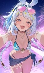 1girls ai_generated bikini brown_body brown_skin genshin_impact mualani_(genshin_impact) poyon_na red_eyes solo white_hair