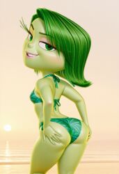 1boy 1girls 2025 ai_generated background beach bikini civitai d3rmal disgust_(inside_out) disney evening green_body green_eyes green_hair green_skin hair hand_on_butt inside_out inside_out_2 looking_at_viewer naughty_face pixar sand seductive_look seductive_smile short_hair stretched_anus sunset tagme