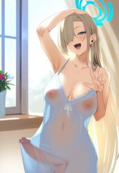 1futa ai_generated arm_up asuna_(blue_archive) backlighting blonde_hair blue_archive blue_eyes blue_nightgown cowboy_shot curtains depth_of_field erection erection_under_clothes eyelashes female flower_pot futa_only futanari gerumusi halo hand_on_own_head lace-trimmed_dress large_breasts lips looking_at_viewer mole nightgown open_window precum room see-through see-through_clothing solo standing straight_hair sunlight testicles uncensored upper_body upper_teeth_only very_long_hair waving window