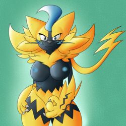 1girls 2019 absurdres anthro anthrofied breasts covering_pussy feline female female_only floofneksu fneksu fur furry highres large_breasts looking_at_viewer mammal neksu nintendo nude pokémorph pokemon pokemon_usm simple_background solo thick_thighs wide_hips yellow_fur zeraora