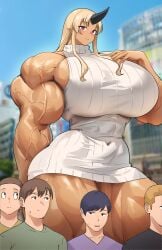 1girl 1girls 4boys alternate_muscle_size amazon biceps big_muscles black_horn blonde_hair dark-skinned_female dark_skin gigantic_breasts height_difference huge_muscles humanoid large_muscles larger_female larger_humanoid long_hair long_sidelocks mini_giantess minidress monster_musume_no_iru_nichijou multiple_boys musctonk muscular muscular_female ogre ogre_girl oni oni_female oni_horns pointy_ears red_eyes short_dress shorter_male sidelocks single_horn size_difference smaller_human sweater sweater_dress tall tall_female taller_female taller_girl tan_skin tionishia_(monster_musume) vein veins veiny veiny_arms veiny_muscles virgin_killer_sweater