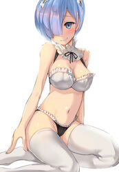 adapted_costume arm_support bare_arms black_panties blue_eyes blue_hair bra detached_collar feet_out_of_frame female frills groin hair_ornament hair_over_one_eye hair_ribbon looking_at_viewer maid_bikini navel panties re:zero_kara_hajimeru_isekai_seikatsu red_ribbon rem_(re:zero) ribbon safe satou_daiji sfw short_hair sitting smile solo stomach thighhighs thighs underwear underwear_only white_bra white_legwear x_hair_ornament