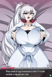 1girls 2025 2d 2d_(artwork) alternate_breast_size big_breasts breasts captain_kirb clothed clothing commission english english_text female female_focus high_resolution highres holding_breast imminent_sex light-skinned_female light_skin rwby text text_box weiss_schnee