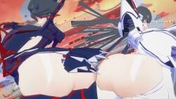 ass black_eyes black_hair clothed clothed_female female_only gameoveredits huge_ass kill_la_kill kiryuuin_satsuki long_hair matoi_ryuuko multiple_females multiple_girls pinup short_hair sisters tagme video