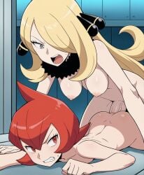 ai_generated anal anal_sex big_breasts big_penis blonde_hair cynthia_(pokemon) futa_on_female futanari futos9669 game_freak grey_eyes hair_over_one_eye long_hair mars_(pokemon) naked naked_female naked_futanari nintendo pokemon pokemon_dppt prone_bone red_eyes red_hair sex sex_from_behind short_hair