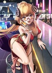 bar_counter blonde_hair breasts champagne champagne_glass cleavage demon_girl demon_horns demon_tail demon_wings fangs glasses gold_eyes indie_virtual_youtuber large_breasts revealing_clothes succubus tane_tenshi thick_thighs virtual_youtuber vtuber vtuberfanart