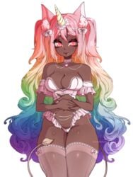 big_breasts breasts cleavage dark_skin female lingerie maidfrills original pink_lingerie rainbow_hair tagme