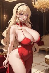 ai_assisted blonde_female blonde_hair blue_eyes blush blushing_at_viewer blushing_female clothed cossia half-dressed huge_ass huge_breasts huge_butt long_hair thick thick_thighs