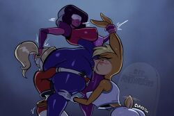 anilingus batman_(series) cunnilingus dc dc_comics dominant_female femdom fff_threesome garnet_(steven_universe) harley_quinn lola_bunny looney_tunes multiversus pierump rimming steven_universe tagme yuri