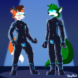 2_horns anthro black_bodysuit black_clothing black_latex black_skinsuit bodysuit boots brown_hair bulge canid canine cheek_tuft clothing davyboi drone dronesuit dronification duo ear_tuft facial_tuft footwear forced fur green_body green_fur green_hair hair hi_res horn hypnosis hypnotic_visor latex latex_bodysuit latex_clothing latex_skinsuit male male_only mammal markings mind_control null_bulge orange_body orange_fur shoes skinsuit striped_ears striped_markings striped_tail stripes struggling tail tail_markings tail_tuft tight_clothing tuft visor