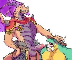 2019 anthro anthro_on_anthro balls blush cum cum_in_mouth cum_inside cum_on_face cum_on_tongue cumshot dragon duo ejaculation erection facial_hair goatee hair hand_on_head hat horn humanoid_penis hyenaface male open_mouth orgasm penis purple_hair simple_background spyro_reignited_trilogy spyro_the_dragon titan_(spyro) tongue tongue_out video_games white_background yaoi