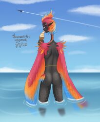 1girls 2025 aircraft artist_name ass asymmetrical_hair back_view belly_chain bird_girl bird_wings bluesky_link clouds contrail crest dark-skinned_female dark_skin dated daytime ear_piercing earrings feather_hair feathered_wings feathers female furaffinity_link hip_feathers holding_food holding_object ice_cream ice_cream_cone jet licking_ice_cream long_ears looking_at_viewer looking_back looking_over_shoulder newgrounds_link ocean one_arm_up original_character pointy_ears purple_eyes red_feathers shewantsthejoystick shoulder_feathers sky solo standing standing_in_water tall_female thin_female thin_thighs thin_waist tongue_out vayana_(shewantsthejoystick) wet wet_body wet_skin