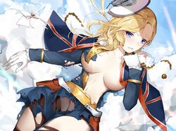 ? azur_lane bangs biting_lip blonde_hair blue_eyes breasts capelet cleavage cloud earrings eyebrows_visible_through_hair female floating gloves hair_over_shoulder hat hood_(azur_lane) jewelry large_breasts long_hair looking_at_viewer oshin0_(zheng) skirt sky solo torn_clothes torn_legwear torn_skirt union_jack white_gloves