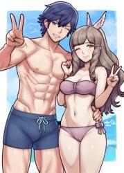 1boy ;) alternate_costume bikini blue_male_swimwear blue_sky border bow bow_bikini breasts brown_hair chrom_(fire_emblem) cleavage closed_mouth cloud commentary commission day english_commentary female fire_emblem fire_emblem_awakening grin hair_ornament highres long_hair looking_at_viewer male male_swimwear medium_breasts muscular muscular_male navel one_eye_closed outside_border pearl_hair_ornament pectorals purple_bikini rotomdocs side-tie_bikini_bottom sky smile stomach sumia_(fire_emblem) swim_trunks swimming_trunks swimsuit teeth thighs topless_male v white_border wing_hair_ornament