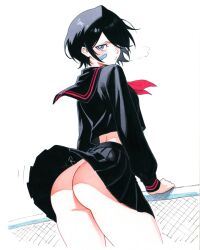 1girls ai_generated animerch artist_logo artist_signature ass ass_focus bandaid bandaid_on_face bare_ass black_clothing black_hair black_sailor_collar black_serafuku black_shirt black_skirt bleach blush blush_stickers chain-link_fence closed_mouth clothed clothes_lift clothing cowboy_shot digital_media_(artwork) female female_focus female_only fence from_behind hair_over_one_eye high_resolution highres kuchiki_rukia light-skinned_female light_skin long_sleeves looking_at_viewer looking_back miniskirt neckerchief no_panties pleated_skirt puff_of_air purple_eyes sailor_collar school_uniform serafuku shirt short_hair simple_background skirt skirt_lift solo solo_female solo_focus standing thighs turning_head uniform white_background wind wind_lift