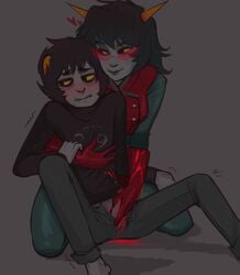 1boy 1girls 2013 age_difference biting_lip black_hair blush clothing cum glasses gloves grey_background grey_skin heart homestuck horns karkat_vantas masturbation ms_paint_adventures neophyte_redglare paradoxjelli penis sharp_teeth short_hair simple_background straight troll yellow_fur